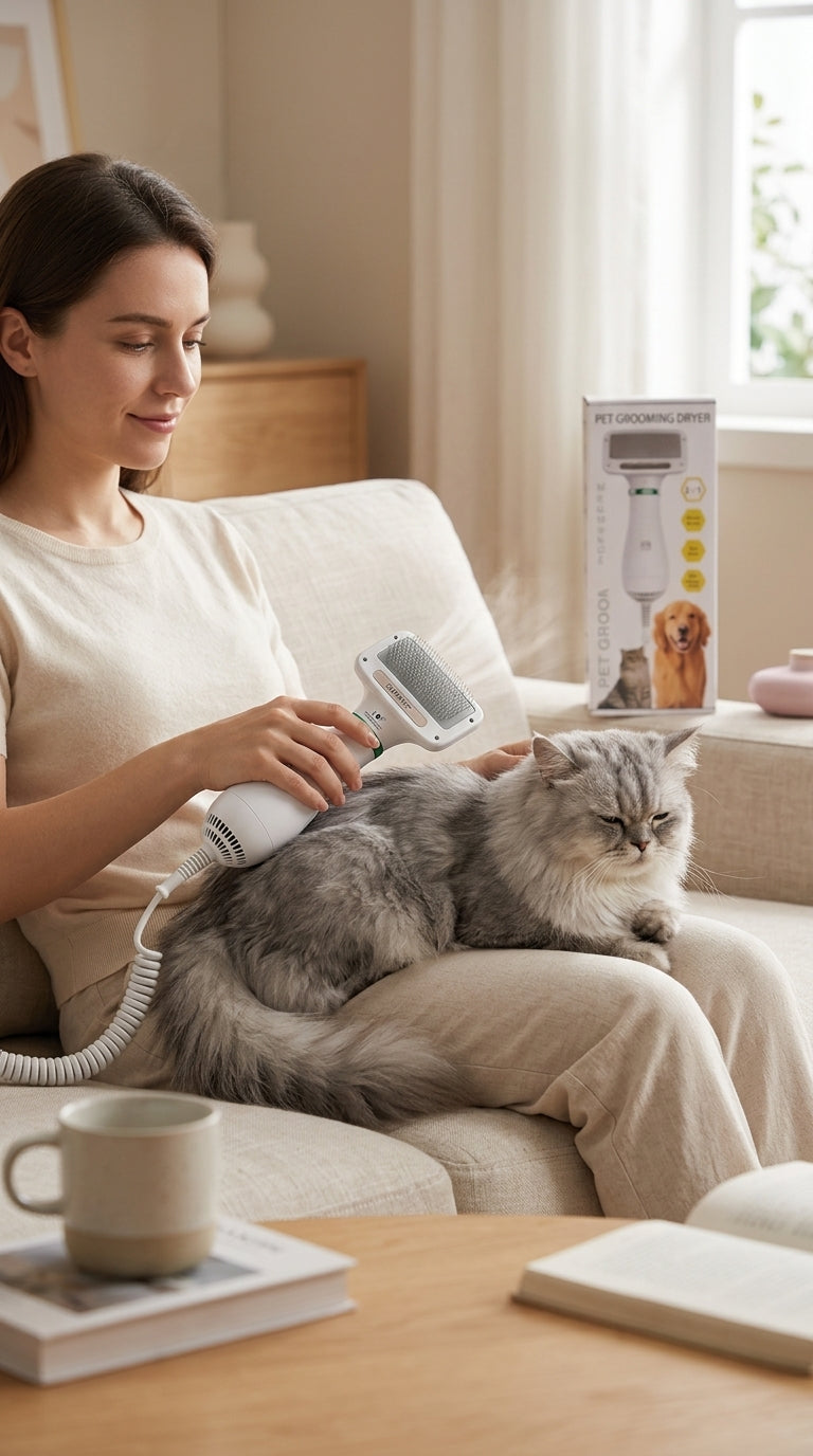 Cepillo secador para mascotas: cepillando y secando un gato persa en el sofa