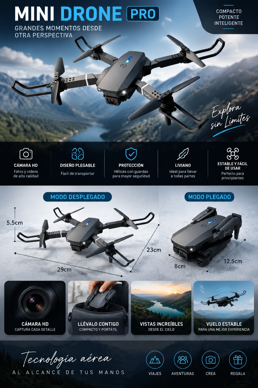 Mini Drone Pro E88 - Cámara HD diseño plegable