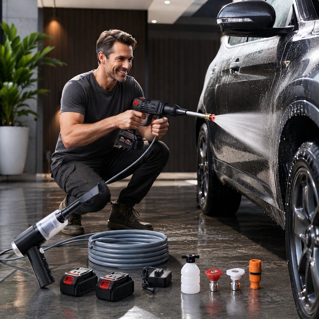 Hombre lavando carro con hidrolavadora inalámbrica - kit completo